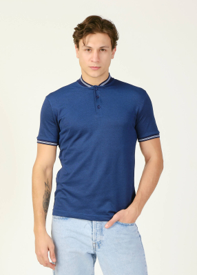 Wholesale Men's Navy Blue Grandad Collar T-Shirt 