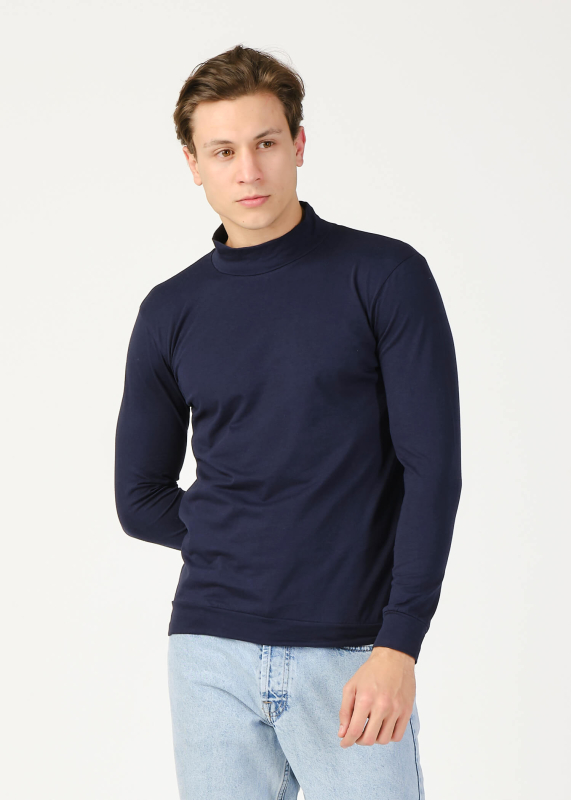 Wholesale Men's Navy Blue Half Turtleneck Long Sleeve Sweatshirt - 4