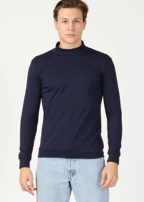 Wholesale Men's Navy Blue Half Turtleneck Long Sleeve Sweatshirt - 5