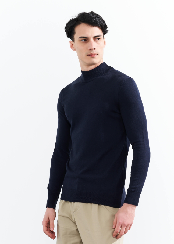 Wholesale Men's Navy Blue Half Turtleneck Viscose Basic Sweater - 4