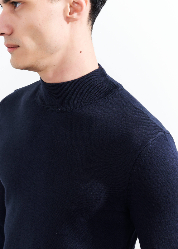 Wholesale Men's Navy Blue Half Turtleneck Viscose Basic Sweater - 3