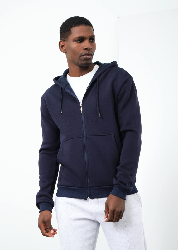 Wholesale Men's Navy Blue Hooded Sweatshirt with Pocket - 3