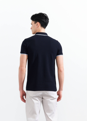 Wholesale Men's Navy Blue Striped Polo Neck T-shirt - 5