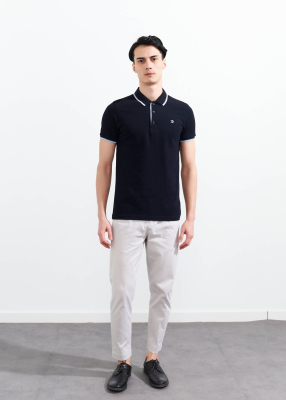 Wholesale Men's Navy Blue Striped Polo Neck T-shirt - 2