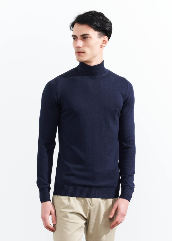 Wholesale Men's Navy Blue Turtle Neck Viscose Basic Sweater - 1