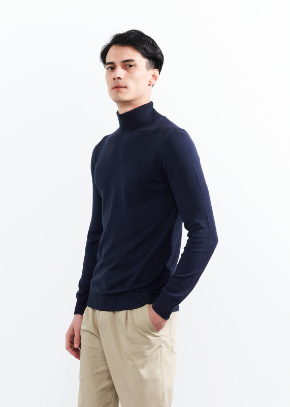 Wholesale Men's Navy Blue Turtle Neck Viscose Basic Sweater - 4