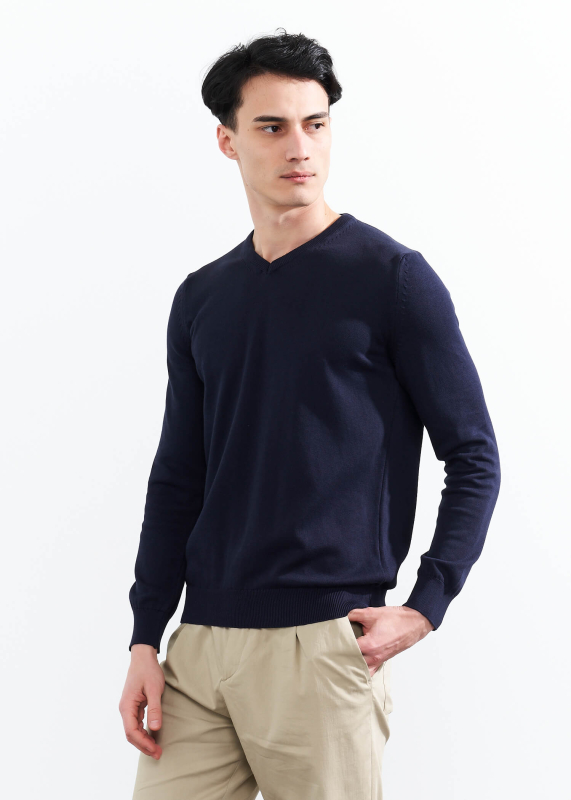 Wholesale Men's Navy Blue V Neck Basic Cotton Sweater - 4