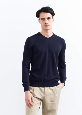 Wholesale Men's Navy Blue V Neck Basic Cotton Sweater - 1