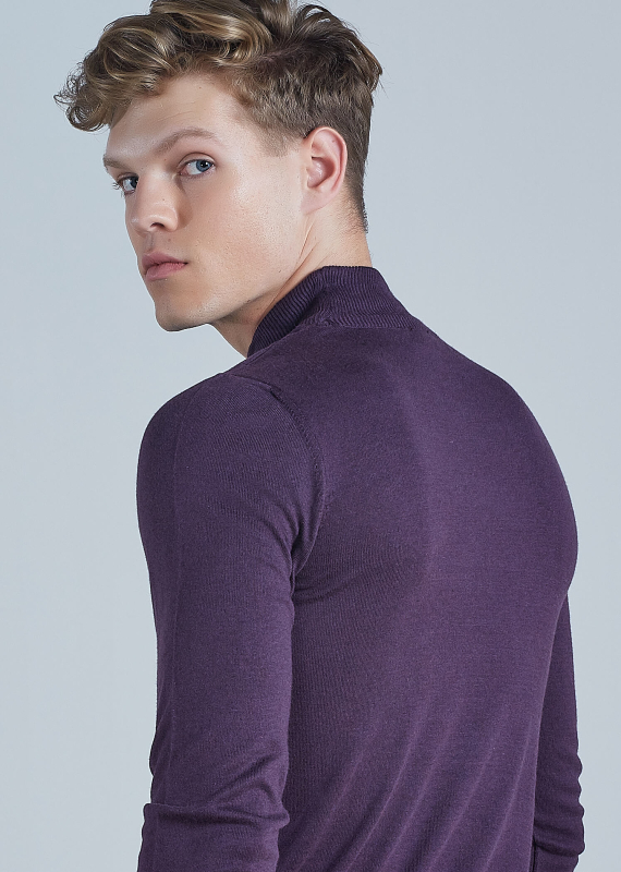 Wholesale Men's Purple Mock Neck Viscose Basic Sweater - 3