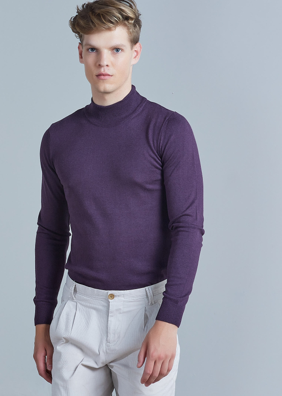 Wholesale Men's Purple Mock Neck Viscose Basic Sweater - 4