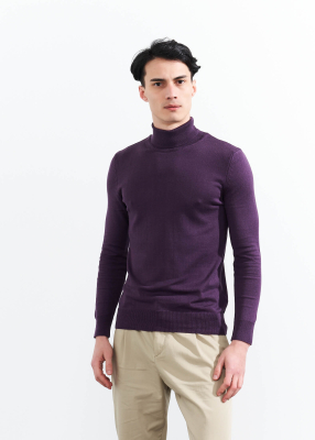 Wholesale Men's Purple Turtle Neck Viscose Basic Sweater - 1