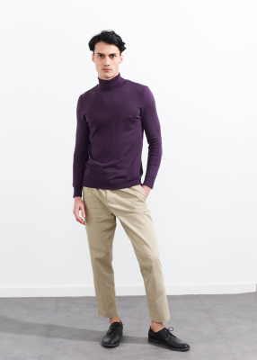 Wholesale Men's Purple Turtle Neck Viscose Basic Sweater - 2
