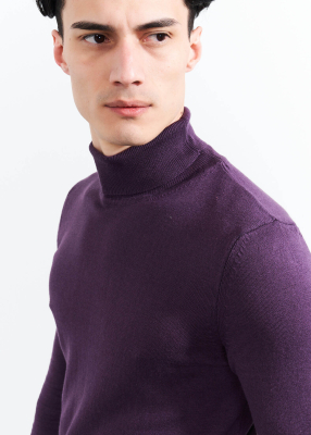 Wholesale Men's Purple Turtle Neck Viscose Basic Sweater - 3