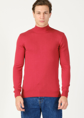 Wholesale Men's Red Mock Neck Viscose Basic Sweater 