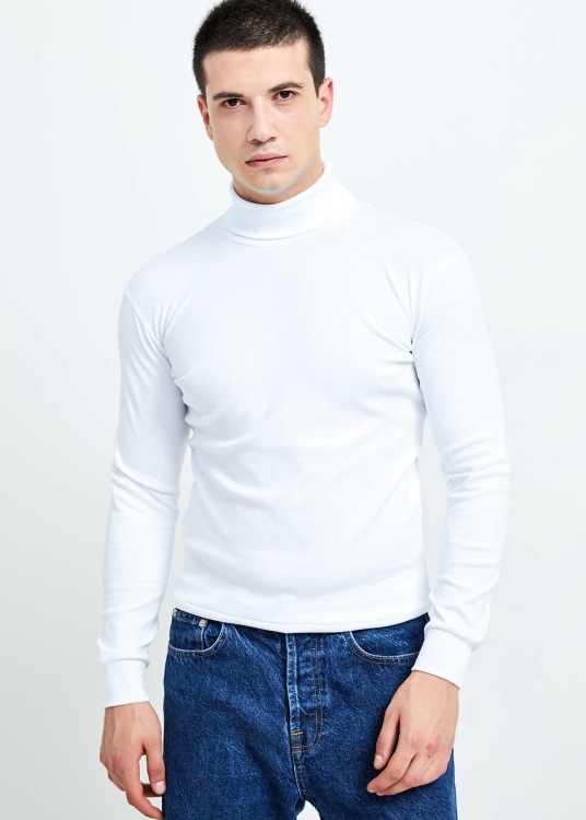 Wholesale Men's White Full Turtleneck Basic Sweatshirt - 1
