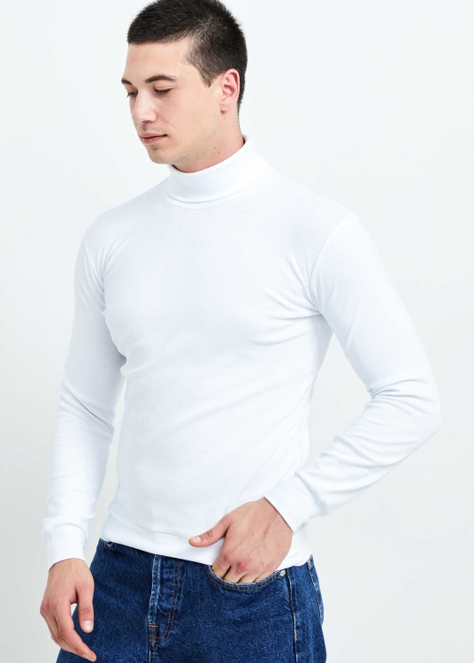 Wholesale Men's White Full Turtleneck Basic Sweatshirt - 5