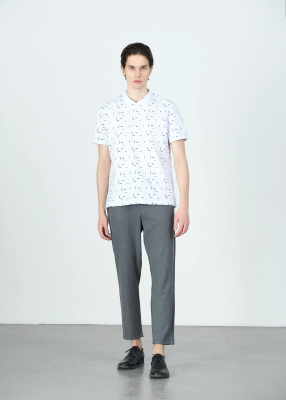 Wholesale Men's White Printed Polo Neck Regular Fit T-shirt - 5