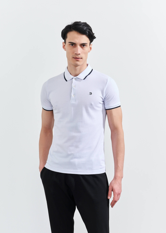 Wholesale Men's White Striped Polo Neck T-shirt - 1