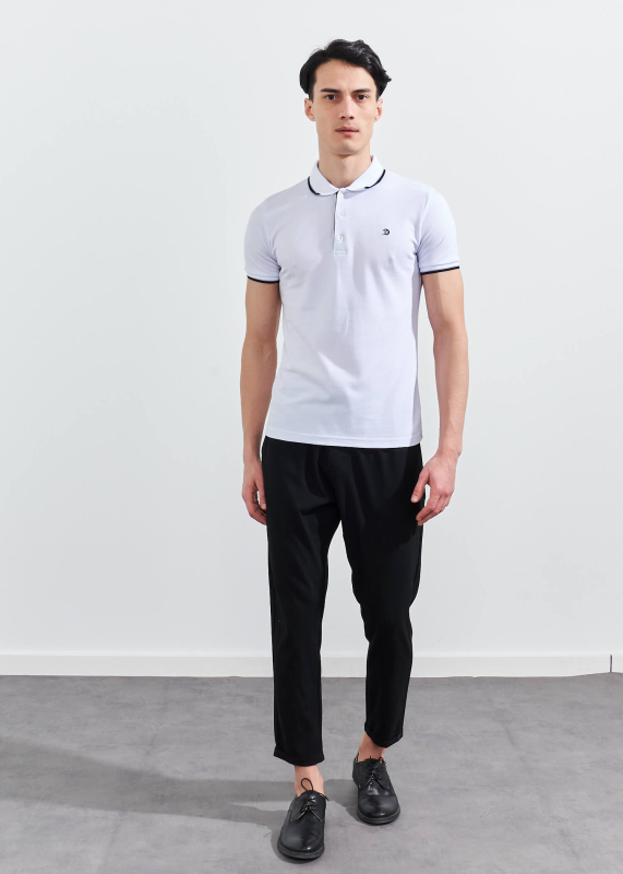 Wholesale Men's White Striped Polo Neck T-shirt - 2