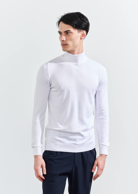 Wholesale Men's White Turtle Neck Viscose Basic Sweater - 1