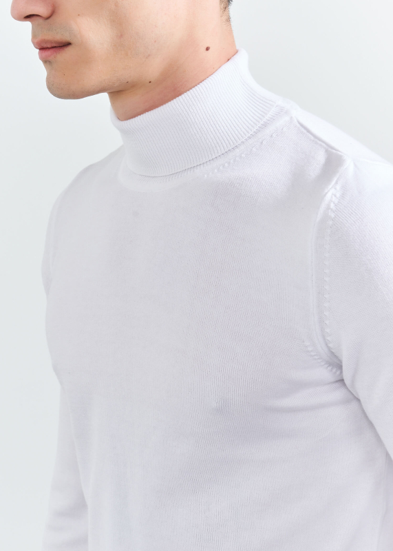 Wholesale Men's White Turtle Neck Viscose Basic Sweater - 3