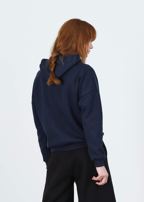 Women's Navy Blue Hooded Basic Sweatshirt - 4